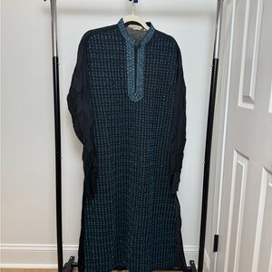 Men’s Black & Teal Embroidered Kurta Set – Size 38 (M)